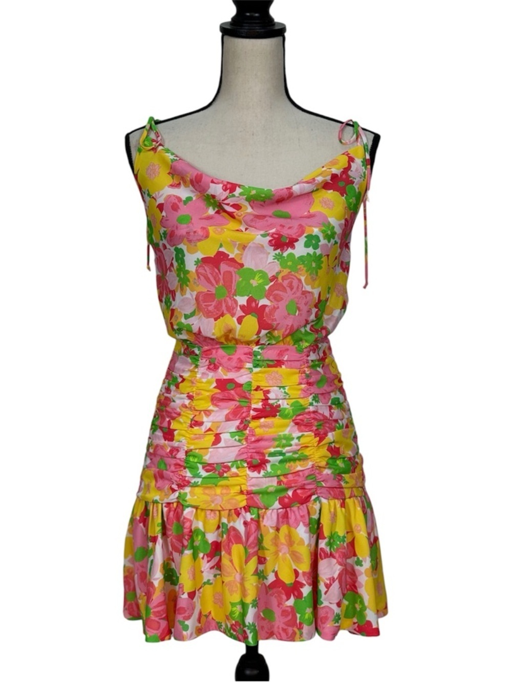 For Love & Lemons Floral Mini Dress XS Pink Yellow Green Ruched Cottage Core